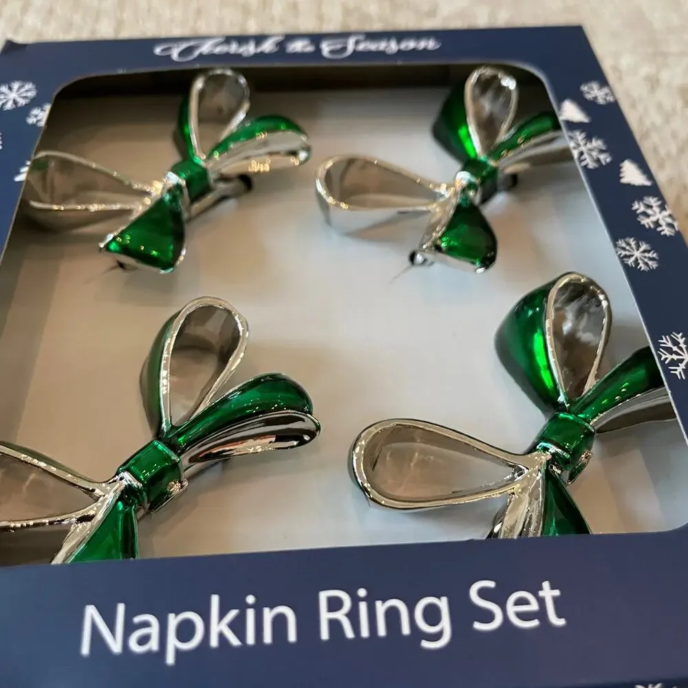 Green Bow Christmas Napkin Rings Set of 4 Silver Holiday Glam Cherish the Season